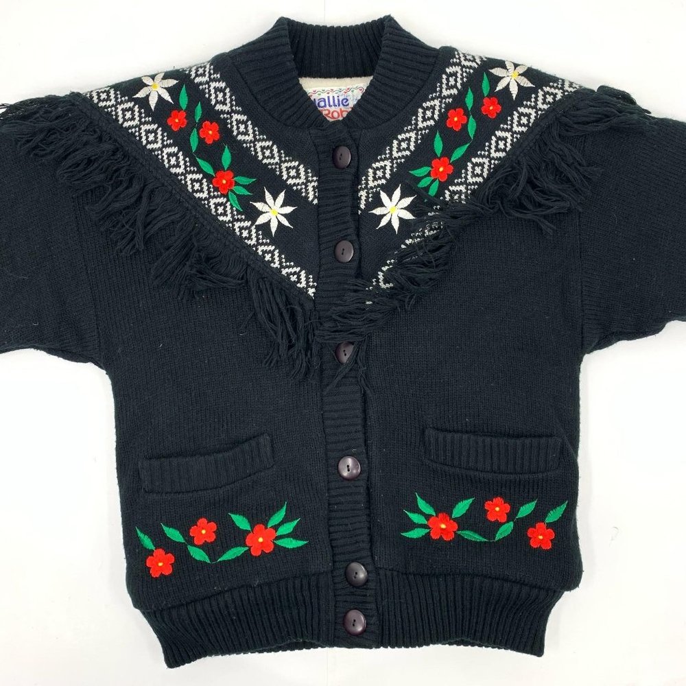 Vintage 80s Girls Folk Black Sherpa Cardigan SZ 10